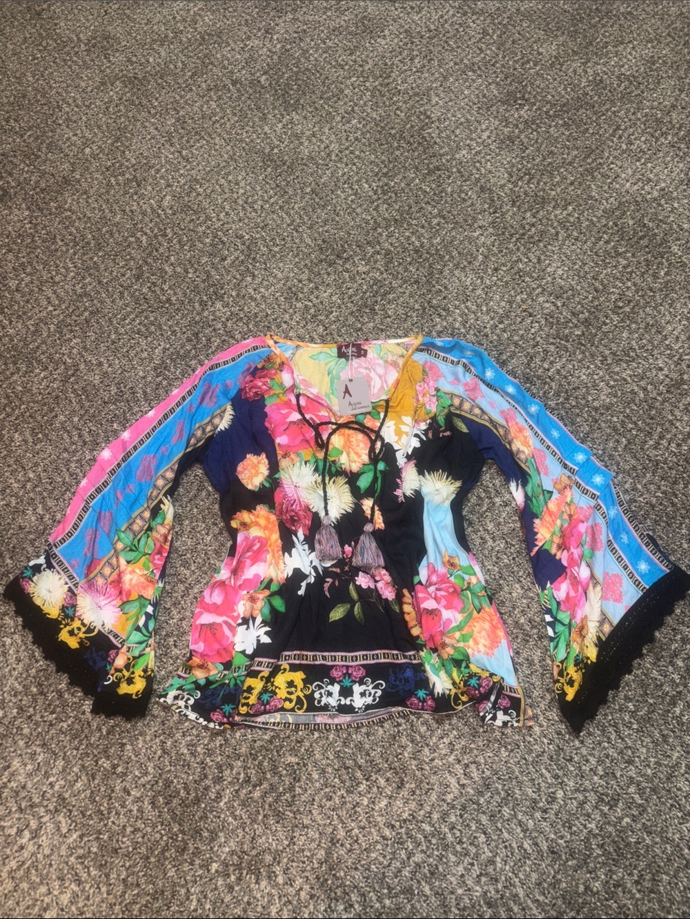 Colorful Floral Bell-Sleeve Women's Top - Blue / Multicolor